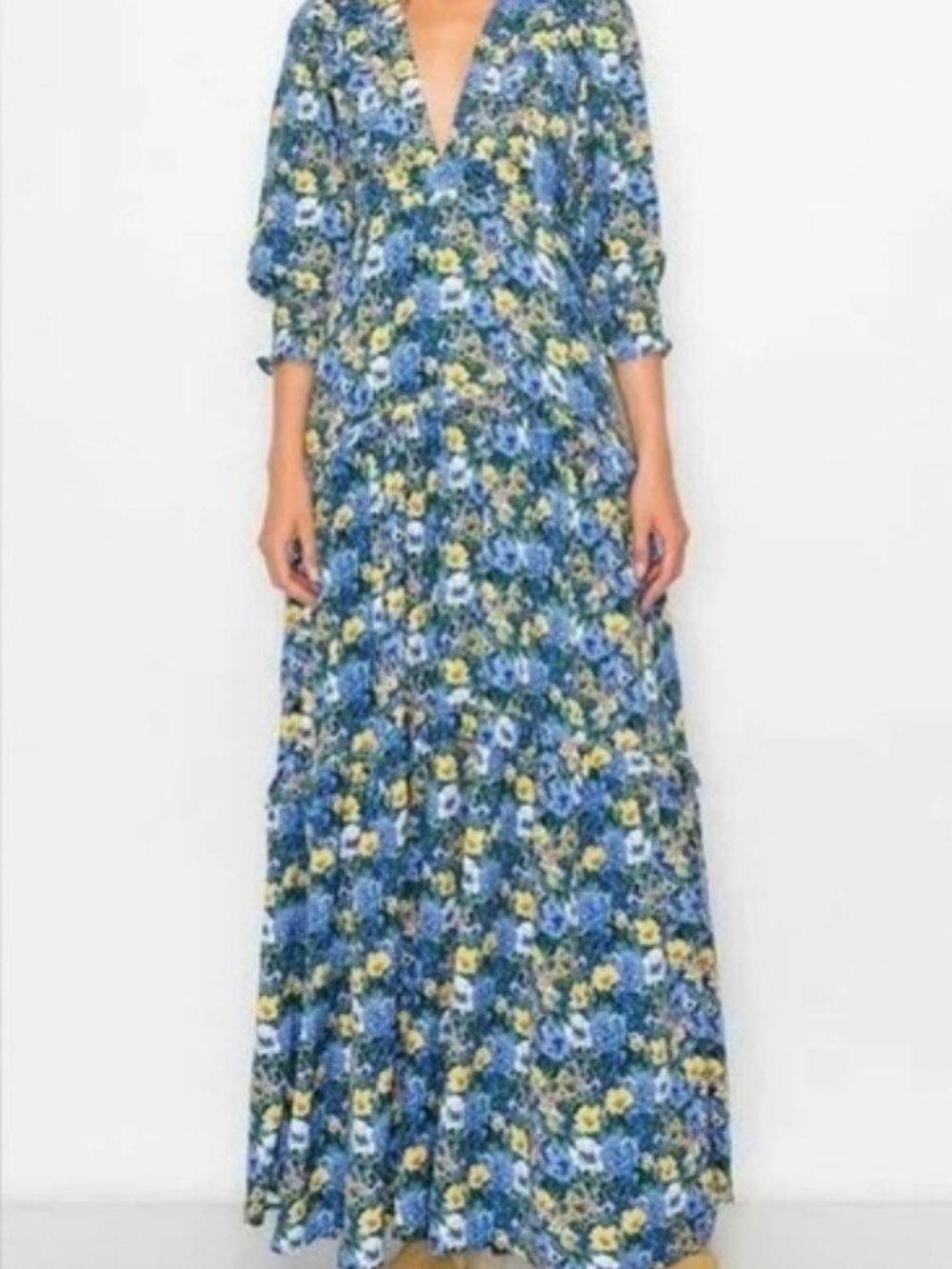 Blue Floral V-Neck Maxi Dress SzM New With Tag
